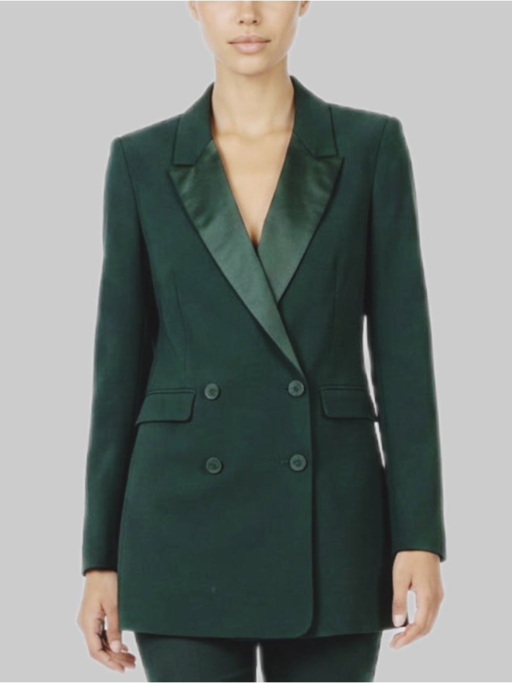 Talula Double-Breasted Satin Lapel Blazer in Forest Green